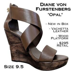 Diane Von Furstenberg Opal Wedge Sandal 9.5 Strappy Vacchetta Leather Wood NEW